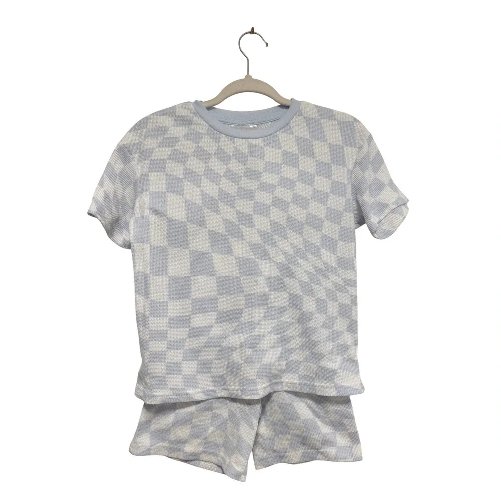 Saint Eve Kids Blue White Warped Checkerboard Waffle Knit Pajama Set M 10/12